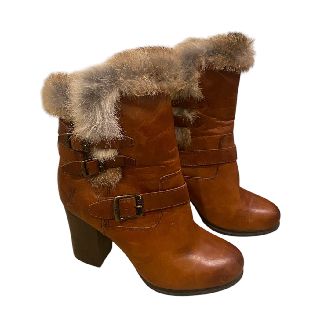 Frye Penny Lux Rabbit Fur-Lined Cognac Leather Buckle Heeled Ankle Booties | 10